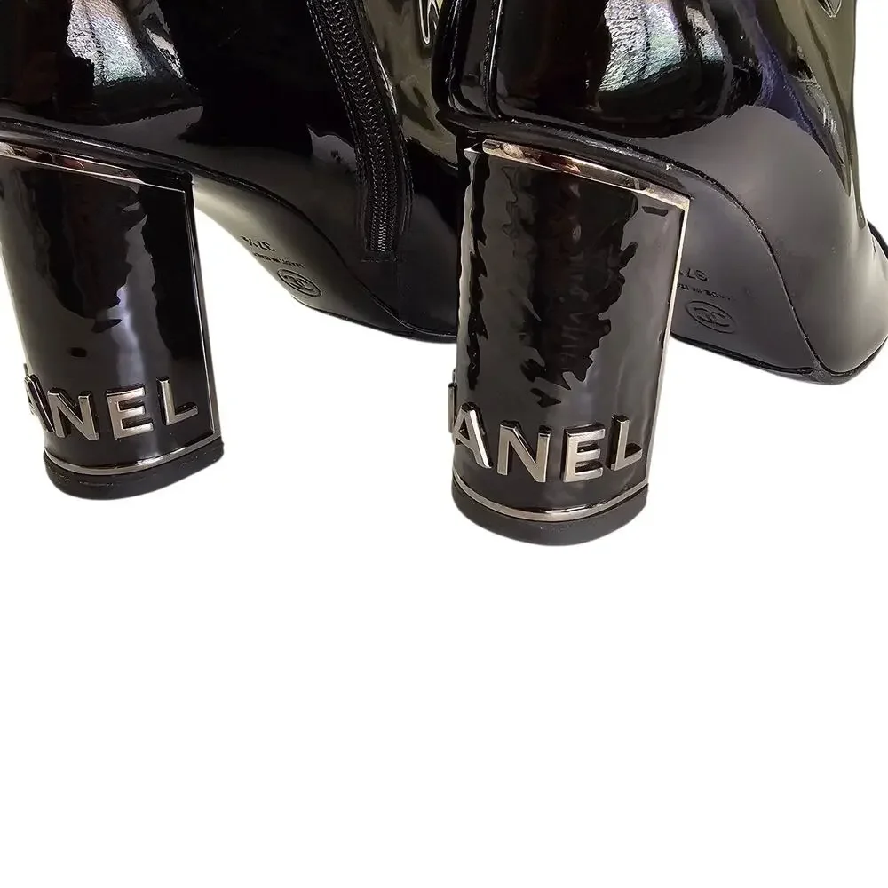 Chanel CC Cap Toe Logo Ankle Heel Boot Size 37.5 US 6.5 7 Black Patent Leather